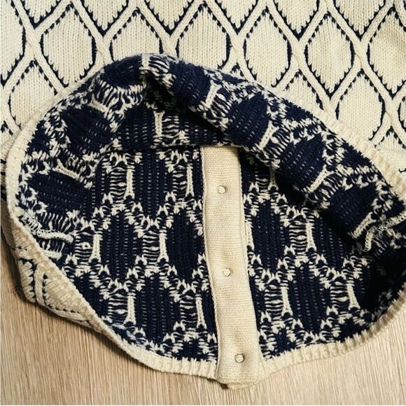 Rodier France Wool Cardigan Ivory Navy Diamond Pattern Sweater Collar Vintage L - Picture 7 of 12